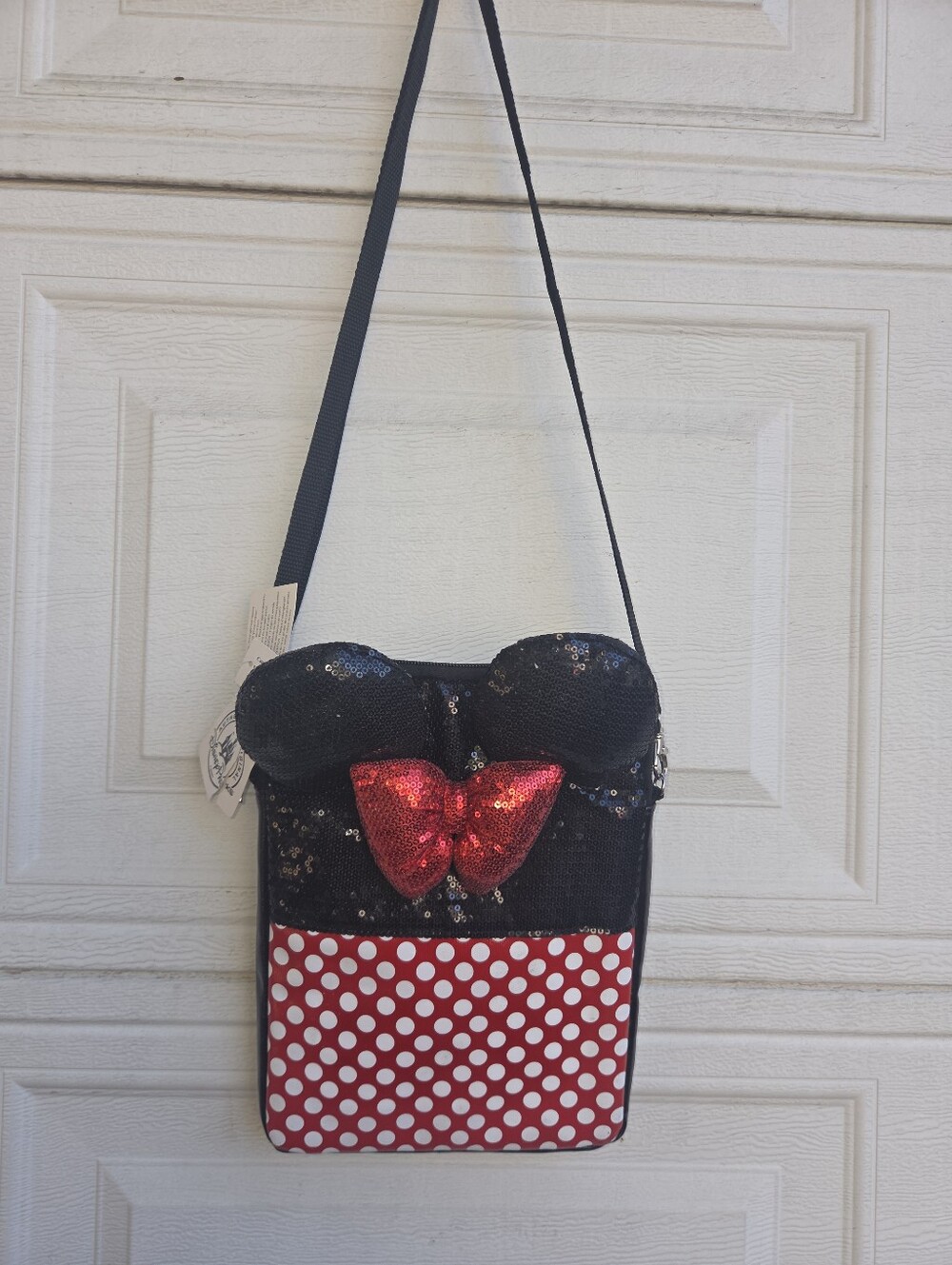 Disney Black Sequin Crossbody Bag with Red Bow and Polka Dot Pocket